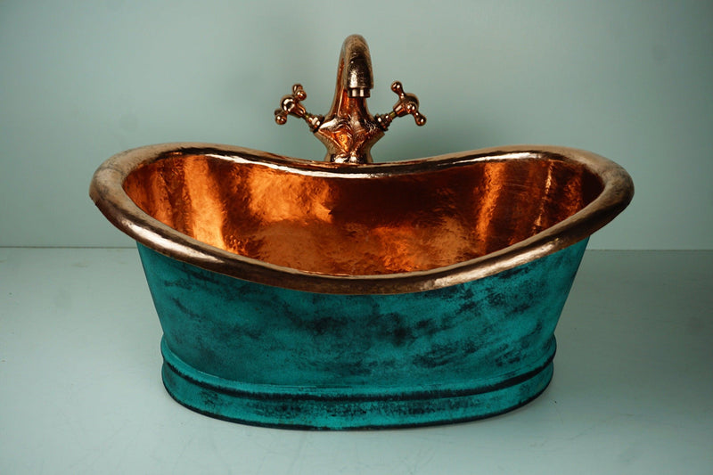 Green Patina Copper Tub-Style Bathroom Vessel Sink Vanity