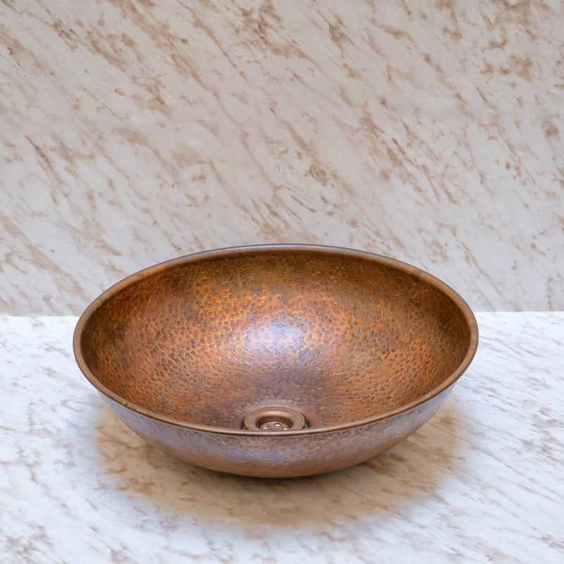 Round Aged Copper Vessel Sink Bathroom