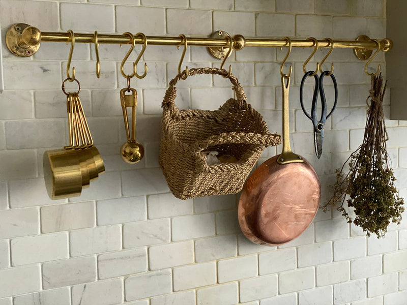 Unlacquered Brass Wall Mounted Pot Rack With Hooks