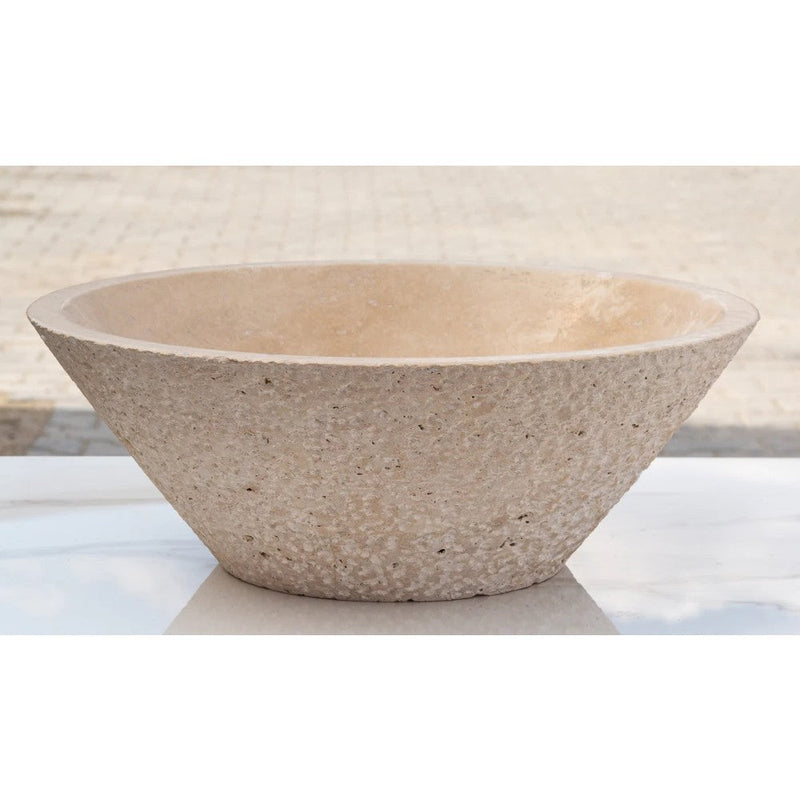 light beige travertine V-shape natural stone tapered Sink honed and sandblasted size (D)16" (H)6" SKU-EGELBT1661 product exterior surface  shot front view