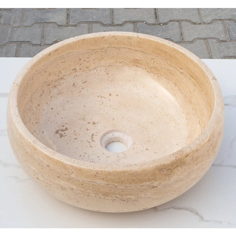 Light Beige Travertine Natural Stone Vessel Sink Filled and Polished  (D)16" (H)6"