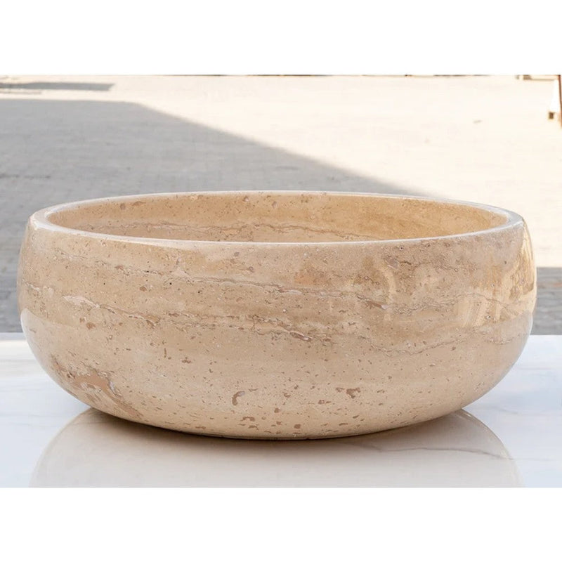 Light Beige Travertine Natural Stone Vessel Sink Filled and Polished  (D)16" (H)6"