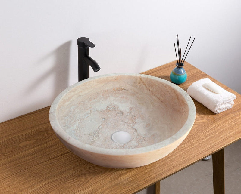 natural stone beige travertine vessel sink honed and filled SKU NTRSTC02 size  (D)18" (H)6" installed in bathroom