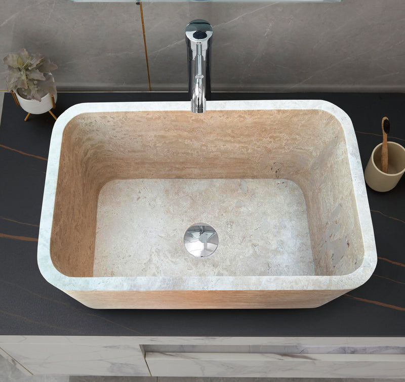 Gobek Natural Stone Troia Light Travertine Rectangular Farm Sink Honed and Filled-Custom