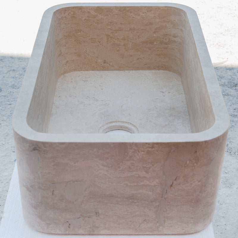 Gobek Natural Stone Troia Light Travertine Rectangular Farm Sink Honed and Filled-Custom