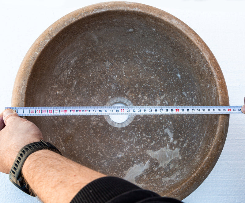 noce brown travertine natural stone drop in sink honed and filled SKU NTRSTC12 Size (D)16" (H)6" diameter measure view