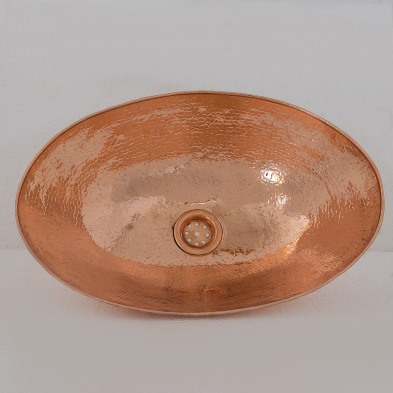 Oval Solid Copper Vessel Sink, Hammered Bathroom Vanity Sink, Powder Room Basin Sink