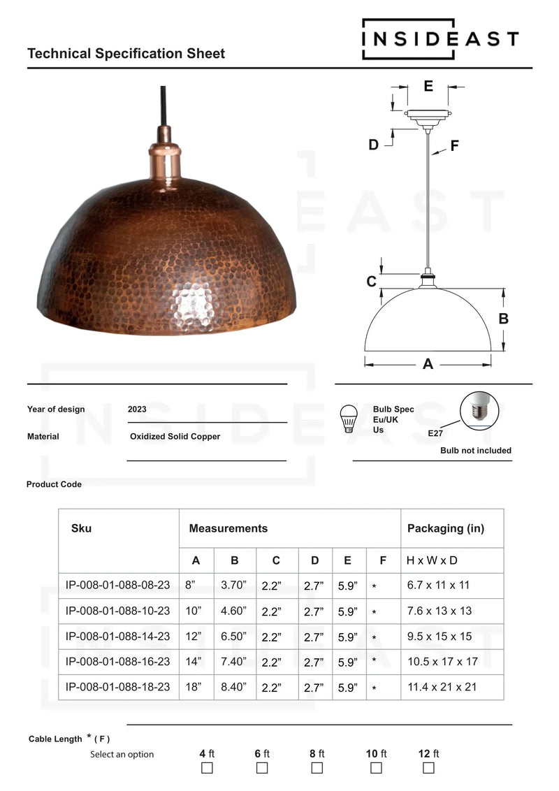 Oxidized Copper Pendant Light, Dome Ceiling Light, Hanging Kitchen Island Light Fixture