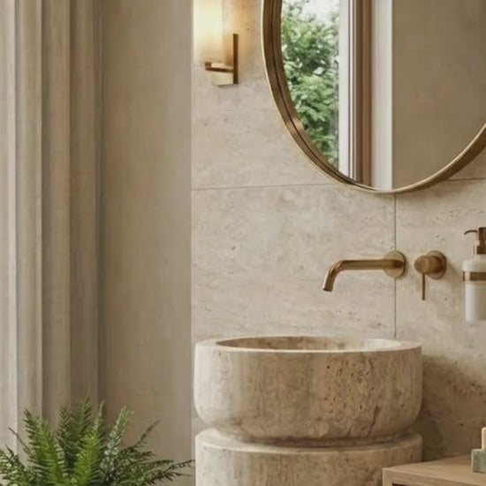 Troia Light Travertine Designer Pedestal Stand-Alone Sink (W)18" (L)18" (H)33"