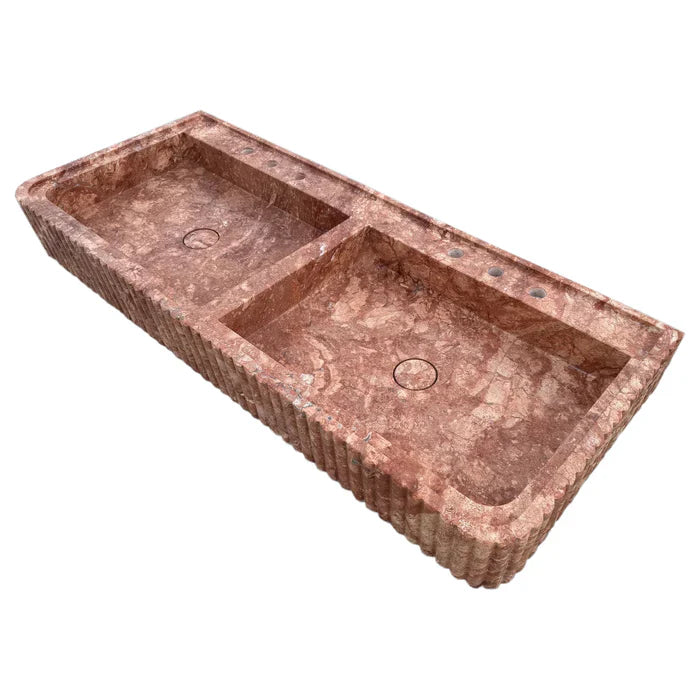 Red Travertine Double Bathroom Vanity Sink Fluted on Front and Edges (W)20" (L)48" (H)6"