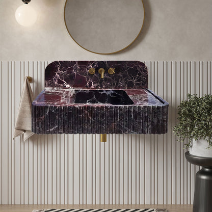 Rosso Levanto Marble Wall-mount Bathroom Sink Fluted Front with 8" Backsplash
