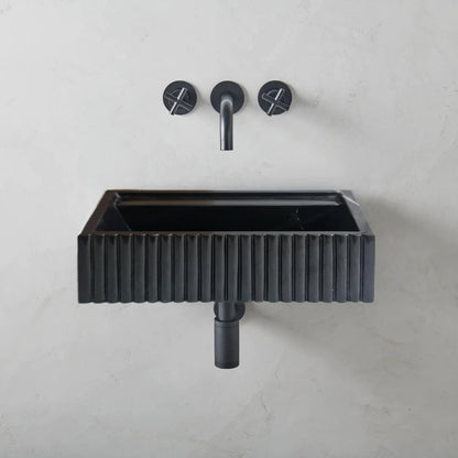 Toros Black Marble Wall-Mount Bathroom Vanity Sink Fluted (W)16" (L)24" (H)7"