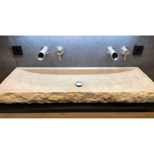 Gobek Troia Light/Noce Travertine Rectangular Vessel Sink Honed and Filled