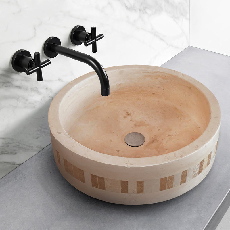 troia light travertine natural stone cylinder sink honed and filled matte SKU NTRVS39 size (D)16" (H)6" installed in bathroom