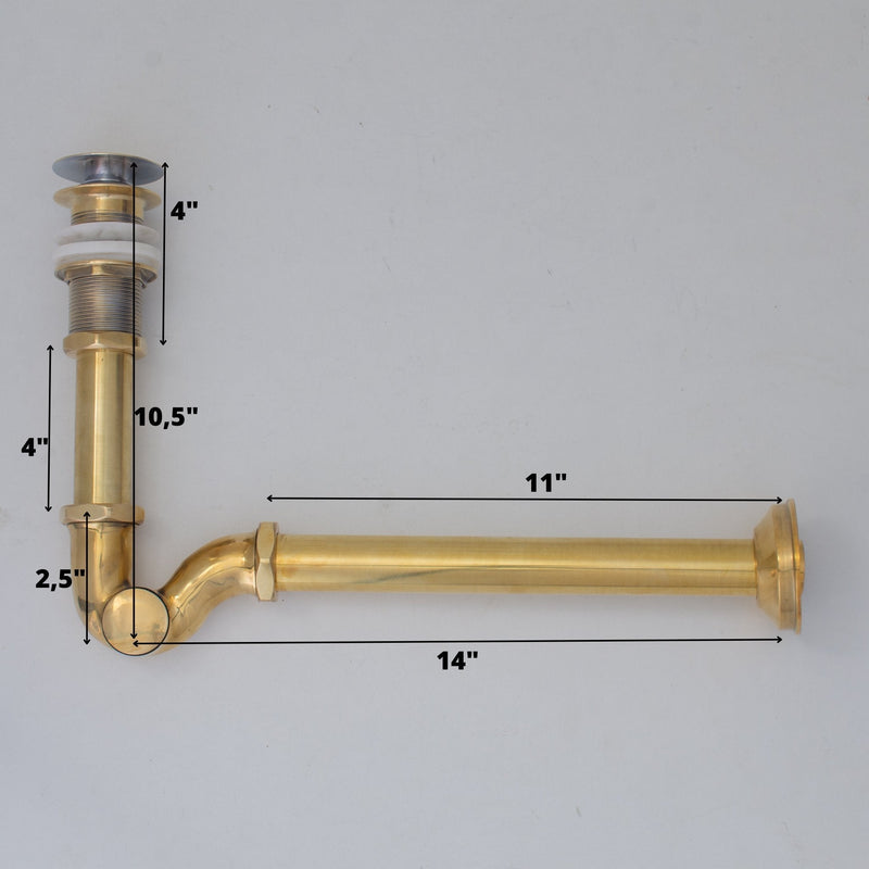 Solid Unlacquered Brass P-trap and Sink Stopper, Push Up Button, Pop Up Drain, Brass Water Trap