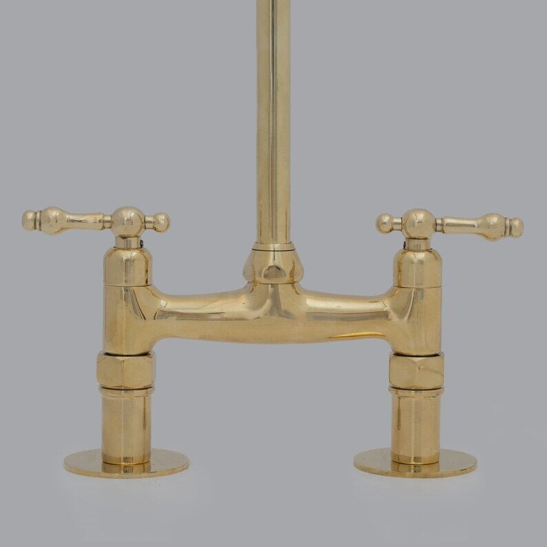 Unlacquered Brass Bridge Faucet, Brass Double Sink Faucet, Brass Kitchen Faucet With Short Legs And Lever Handles