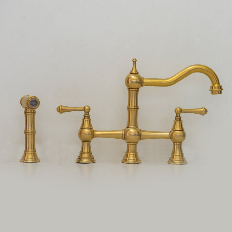 Unlacquered Brass Faucet, Kitchen Victorian Bridge Faucet with Sprayer, 3 Holes Faucet, Lever Handles