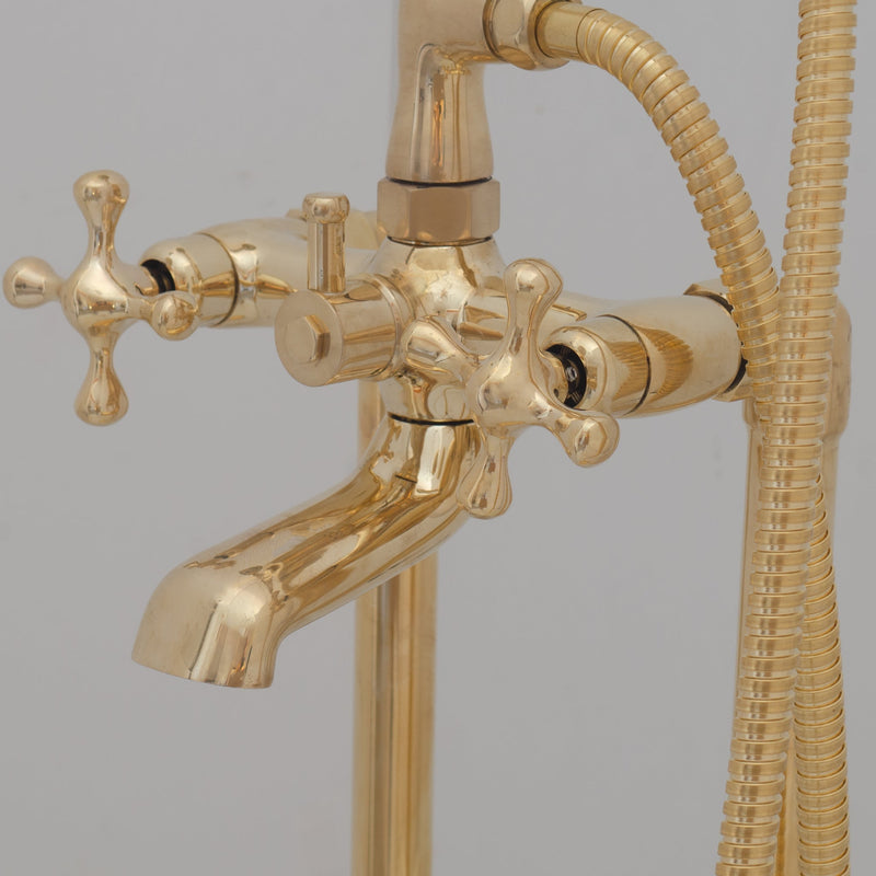 Unlacquered Brass Freestanding Tub Filler, Solid Brass Tub Faucet With Handheld, Floor Mount Bathtub Faucet