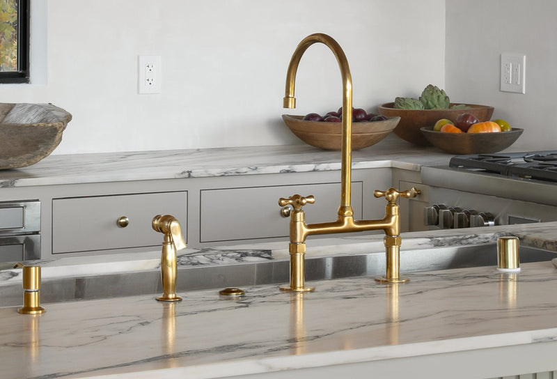 Unlacquered Brass Kitchen Faucet, Bridge Kitchen Faucet With Sprayer, Antique Brass Gold Faucet (8")