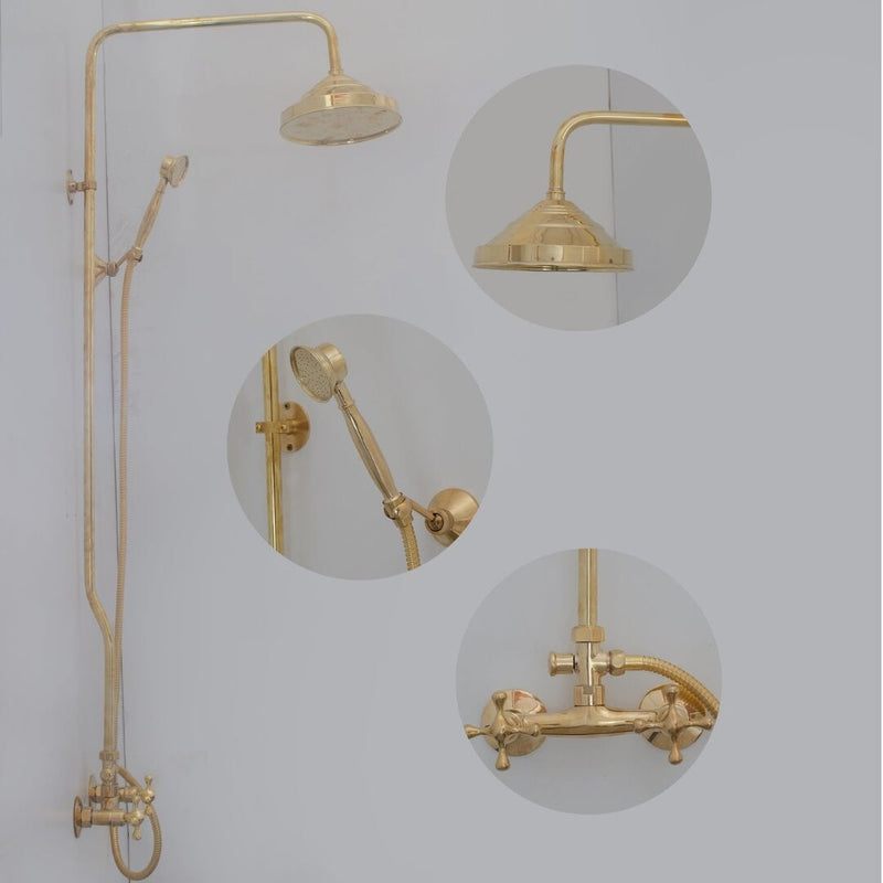 Unlacquered Brass Shower System - Exposed Pipe Rain Shower and Handheld