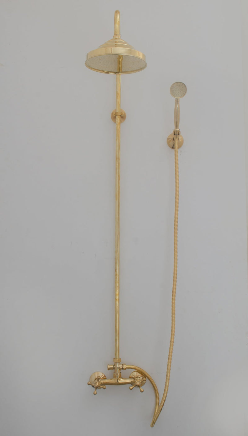 Unlacquered Brass Shower System - Exposed Pipe Rain Shower and Handheld