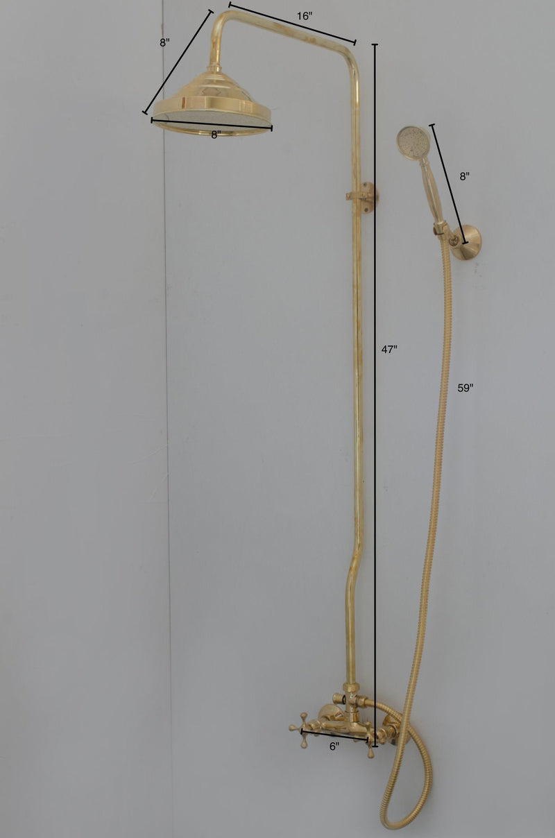 Unlacquered Brass Shower System - Exposed Pipe Rain Shower and Handheld