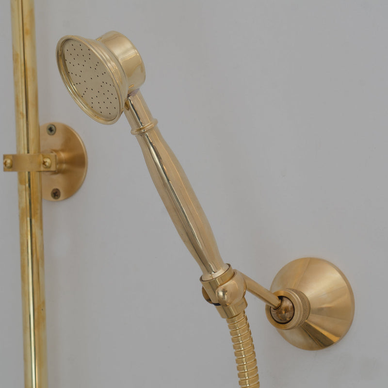 Unlacquered Brass Shower System - Exposed Pipe Rain Shower and Handheld