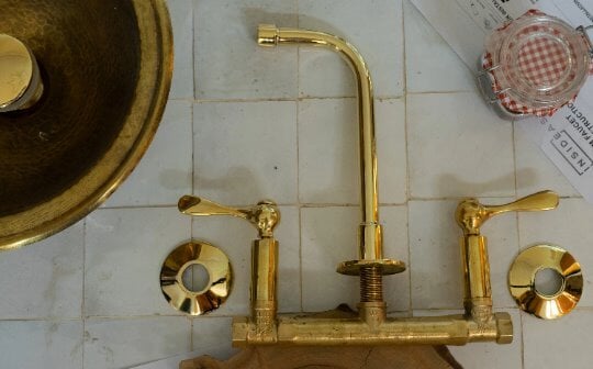 Unlacquered Brass Wall Mount Built In Bathroom Vanity Sink Faucet With lever Handles