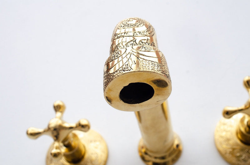 Unlacquered Brass Wall Mounted Faucet , Engraved Antique Brass Sink Faucet with rough in valve