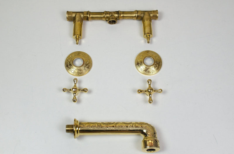 Unlacquered Brass Wall Mounted Faucet , Engraved Antique Brass Sink Faucet with rough in valve