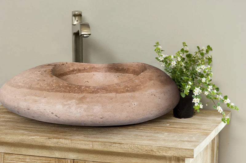 Noce Travertine Natural Stone Kayak Design Vessel Sink Honed and Filled