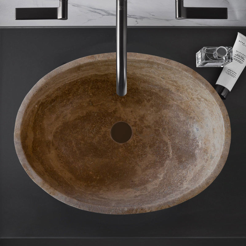 Gobek Noce Brown Travertine Natural Stone Oval Vessel Sink