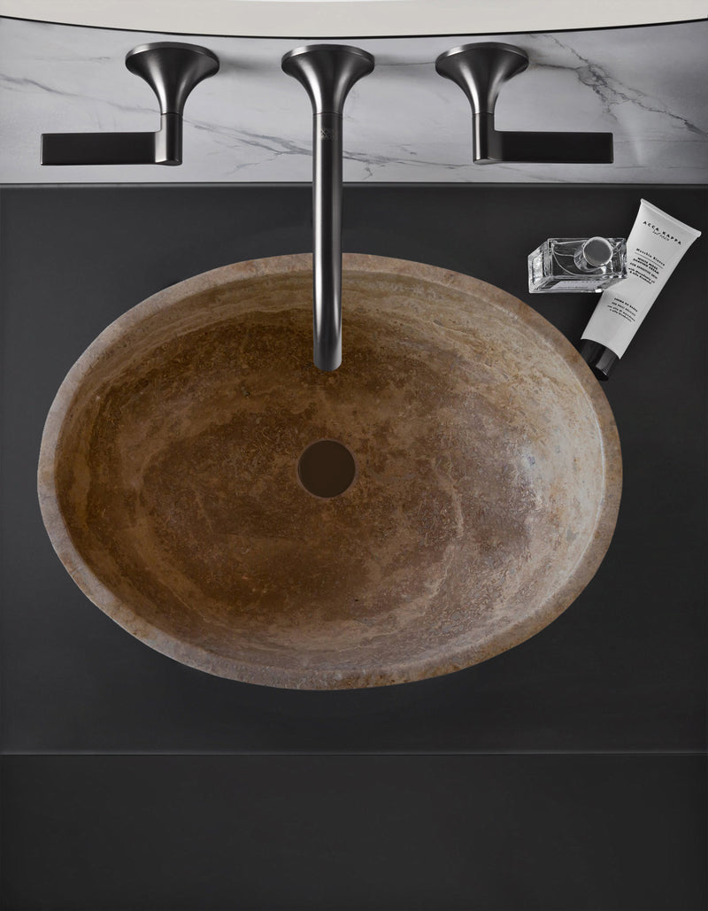 Gobek Noce Brown Travertine Natural Stone Oval Vessel Sink