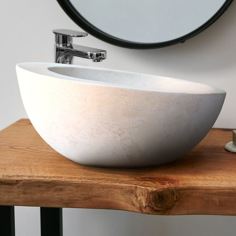 Gobek White Fossil Limestone Natural Stone Sloped Rim Vessel Sink