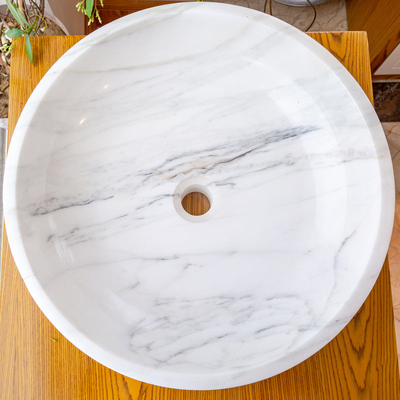 Gobek Natural Stone Calacatta White Marble Vessel Sink Bowl Polished