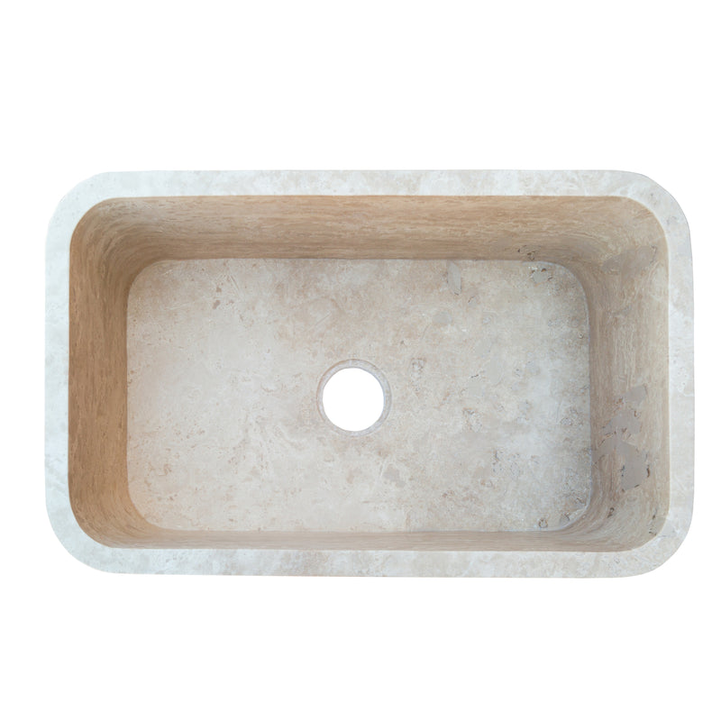 Gobek Natural Stone Troia Light Travertine Rectangular Farm Sink Honed and Filled