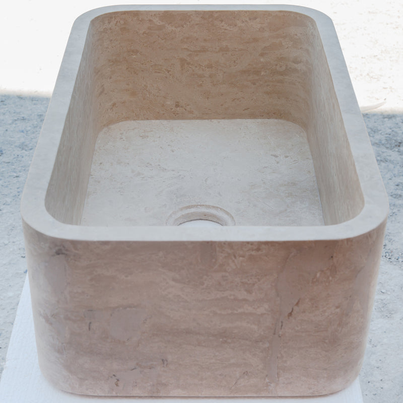 Gobek Natural Stone Troia Light Travertine Rectangular Farm Sink Honed and Filled