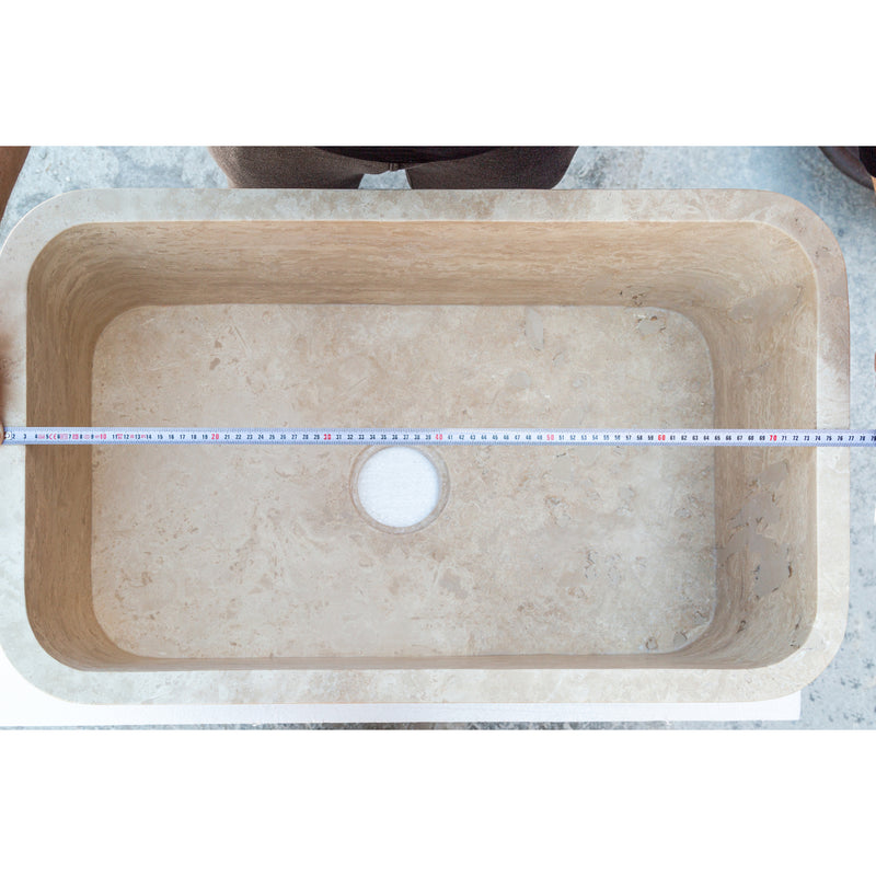 Gobek Natural Stone Troia Light Travertine Rectangular Farm Sink Honed and Filled