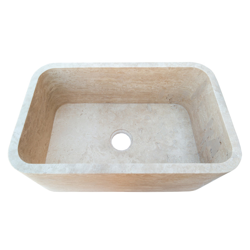 Gobek Natural Stone Troia Light Travertine Rectangular Farm Sink Honed and Filled