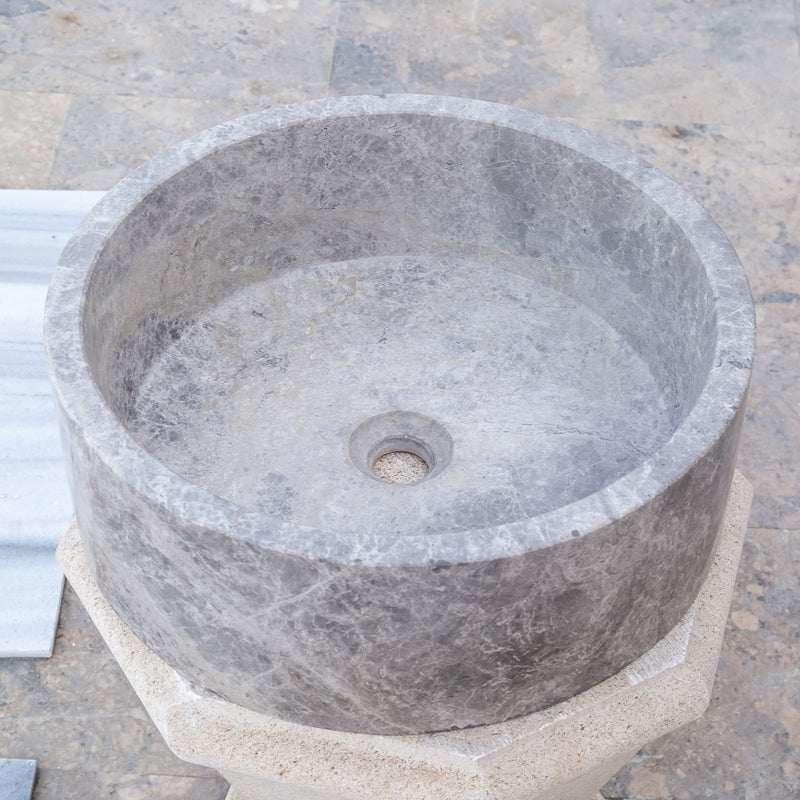 Gobek Natural Stone Tundra Grey Marble Round Vessel Sink Polished