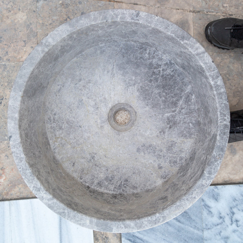 Gobek Natural Stone Tundra Grey Marble Round Vessel Sink Polished