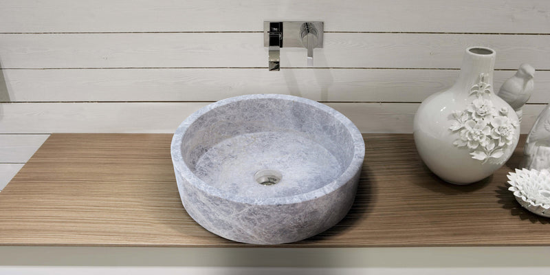 Gobek Natural Stone Tundra Grey Marble Round Vessel Sink Polished