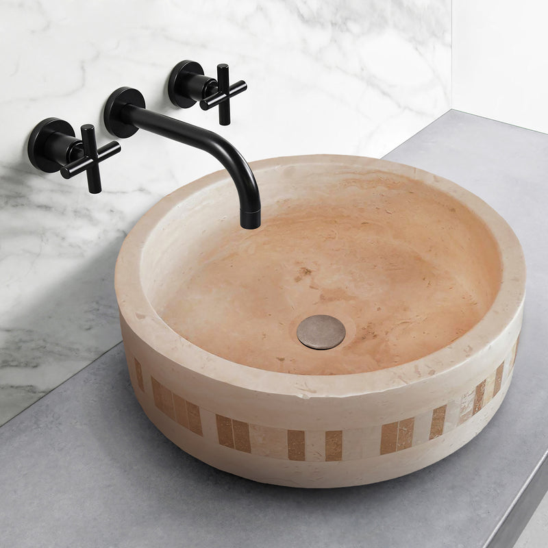 Gobek Troia Light Travertine Natural Stone Cylinder Sink Honed and Filled/Matte