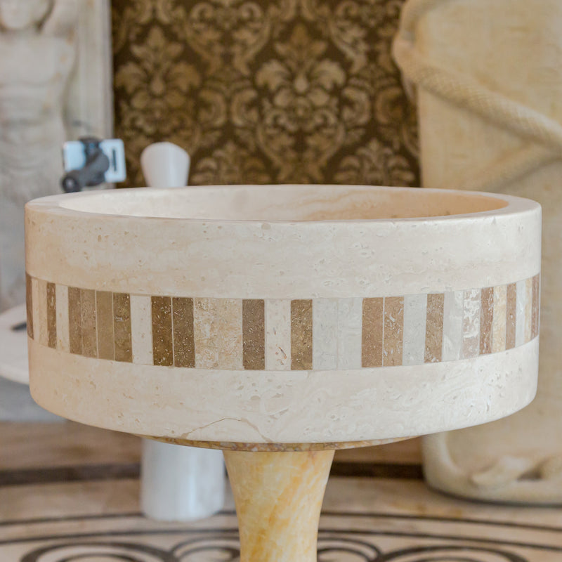 Gobek Troia Light Travertine Natural Stone Cylinder Sink Honed and Filled/Matte