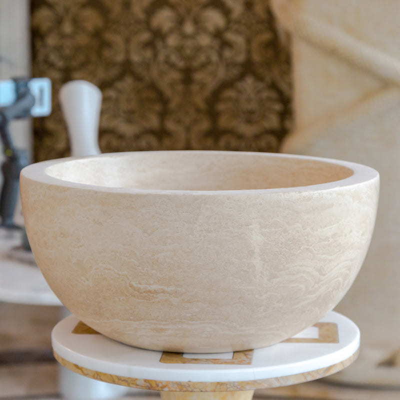 Gobek Troia Light Travertine Natural Stone Vessel Sink Honed and Filled