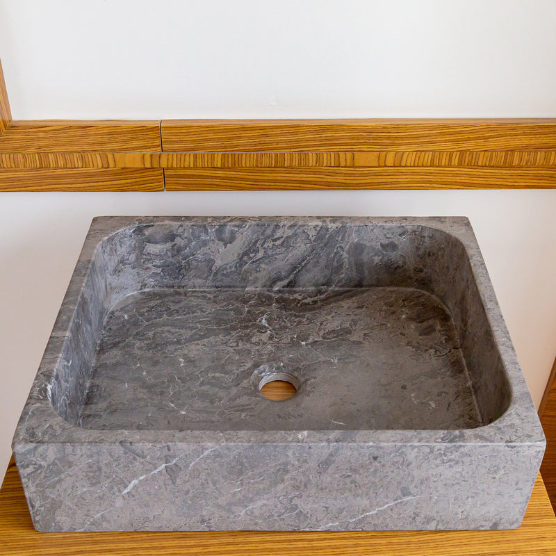 Gobek Tundra Gray Marble Farmhouse Rectangular Sink