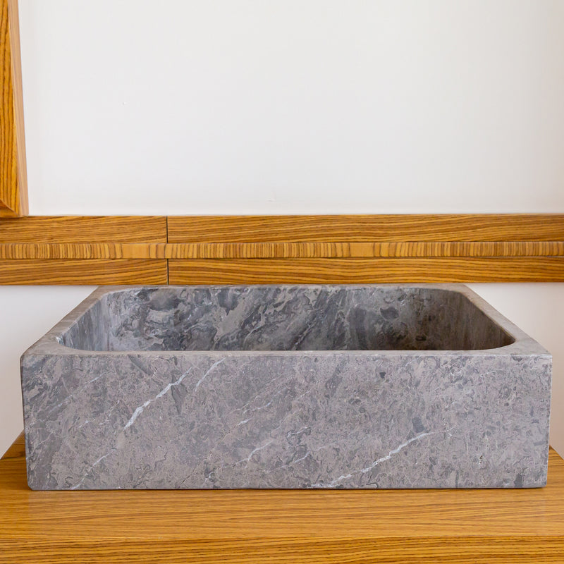 Gobek Tundra Gray Marble Farmhouse Rectangular Sink